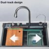 Black Grey Kitchen Bar Sink, 304 Stainless Steel Sink, with Waterfall, Pull-Out Faucet, Screen, Cup Washer, Drinking Tap, Drain Knob & Kits - Image 4