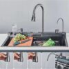 Black Grey Kitchen Bar Sink, 304 Stainless Steel Sink, with Waterfall, Pull-Out Faucet, Screen, Cup Washer, Drinking Tap, Drain Knob & Kits - Image 2