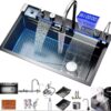 Black Grey Kitchen Bar Sink, 304 Stainless Steel Sink, with Waterfall, Pull-Out Faucet, Screen, Cup Washer, Drinking Tap, Drain Knob & Kits